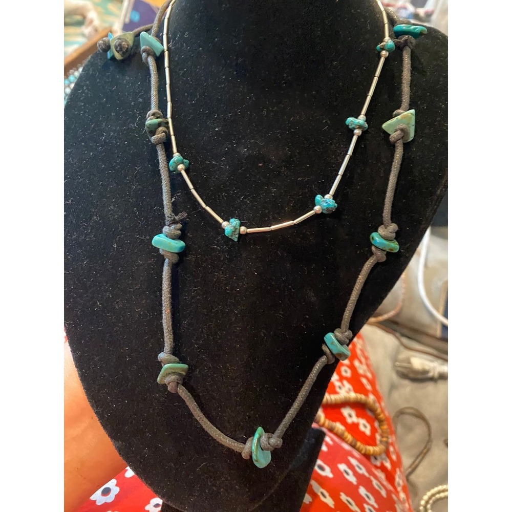 Set of 2 Turquoise Necklaces Knotted Cord and Liquid Silver Style Beads